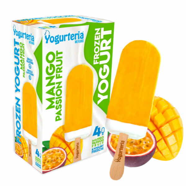 Natural Frozen Yogurt Sticks covered with mango and passion frui